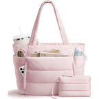 Bagstellar Cloud Puffer Tote Bag for Women, Lightweight Quilted Zipper Shoulder Handbag, Large Capacity Work Bag for Teacher Nurse School Gym Travel