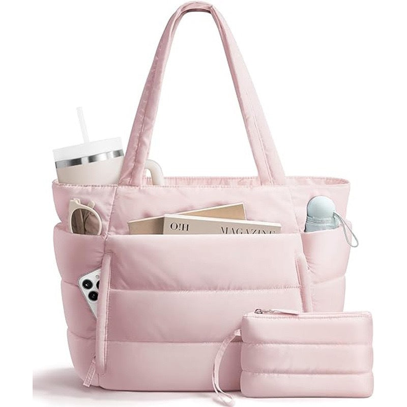Bagstellar Cloud Puffer Tote Bag for Women, Lightweight Quilted Zipper Shoulder Handbag, Large Capacity Work Bag for Teacher Nurse School Gym Travel
