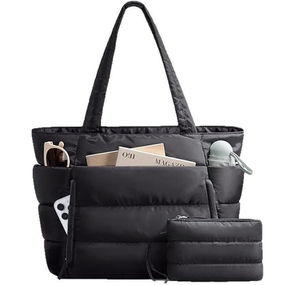 Bagstellar Cloud Puffer Tote Bag for Women, Lightweight Quilted Zipper Shoulder Handbag, Large Capacity Work Bag for Teacher Nurse School Gym Travel