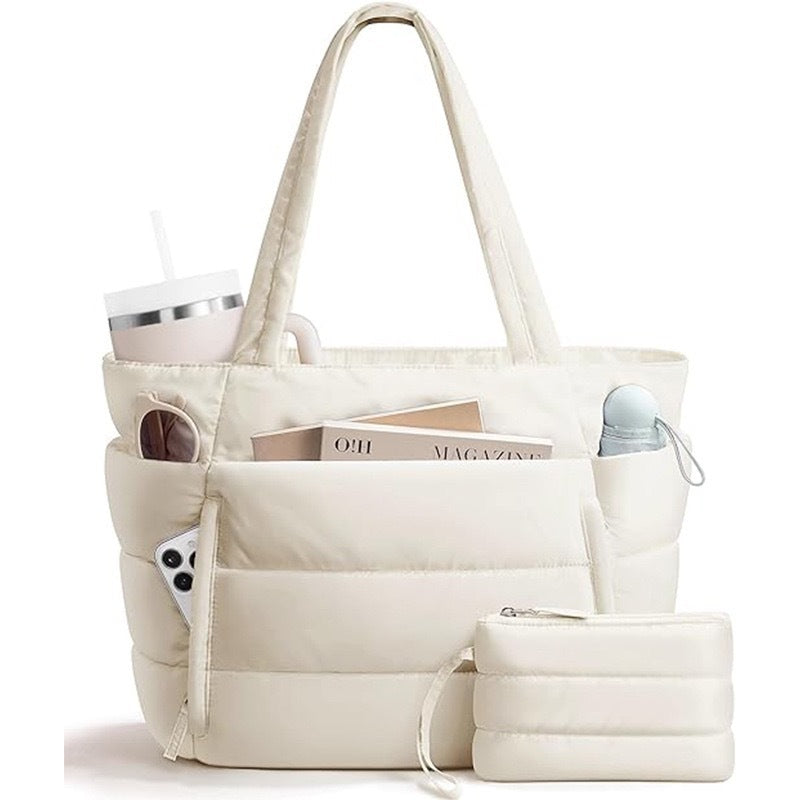Bagstellar Cloud Puffer Tote Bag for Women, Lightweight Quilted Zipper Shoulder Handbag, Large Capacity Work Bag for Teacher Nurse School Gym Travel