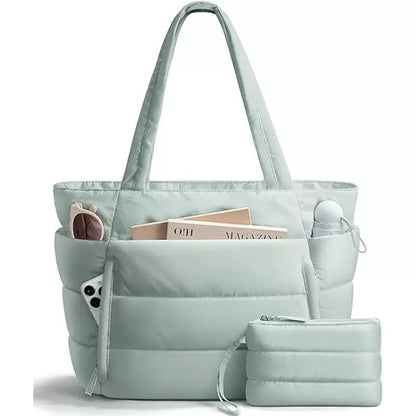Bagstellar Cloud Puffer Tote Bag for Women, Lightweight Quilted Zipper Shoulder Handbag, Large Capacity Work Bag for Teacher Nurse School Gym Travel