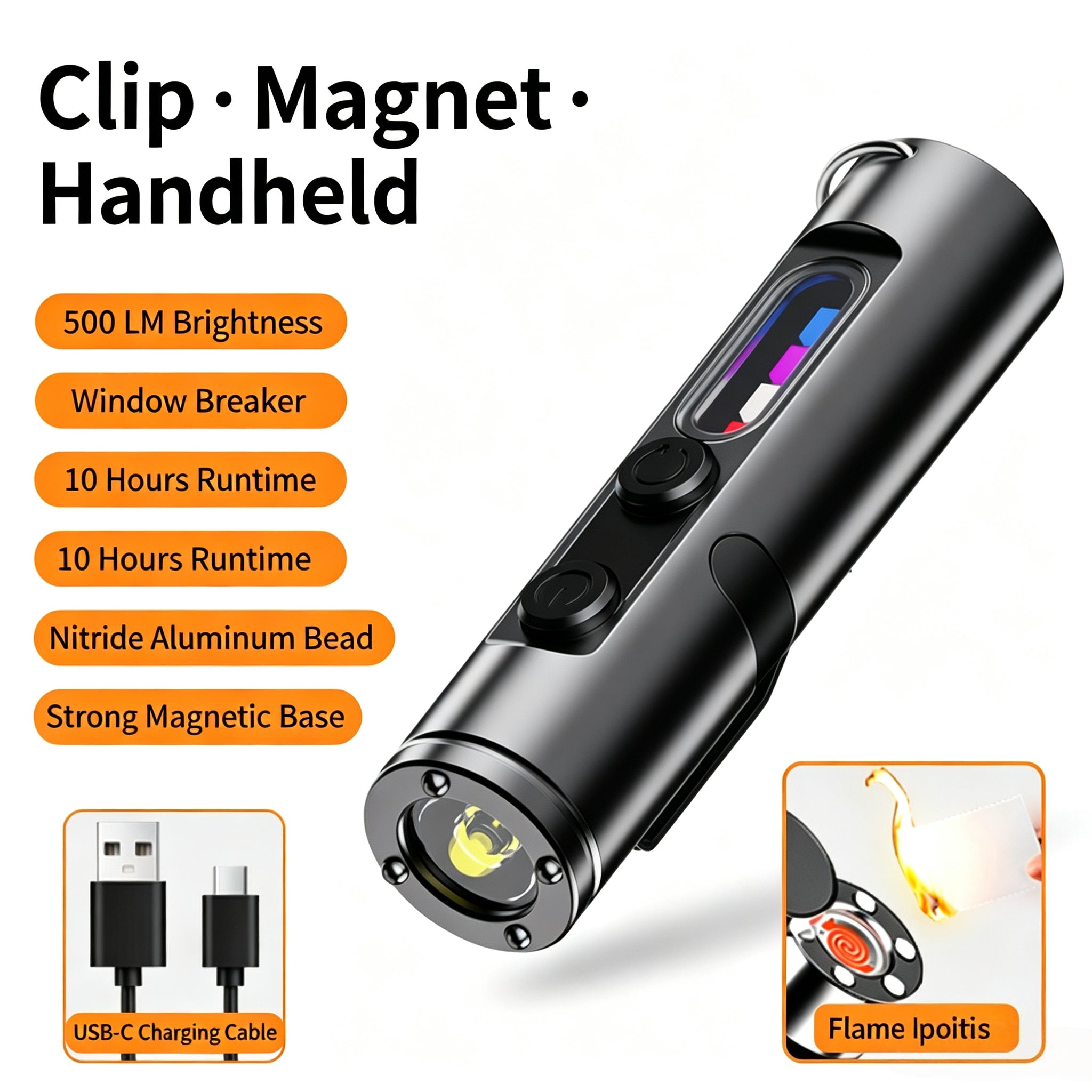 🔧K2 Mini Keychain EDC Flashlight | 500LM USB‑C Torch with Emergency Fire Starter & Window Breaker