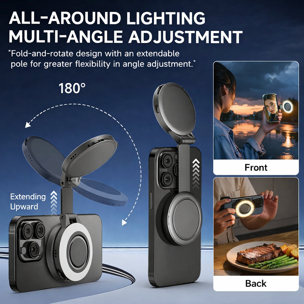 Magnetic Camera Stabilizer Grip + Magnetic Fill Light Bundle, Anti-Shake Handheld Photography Handle with Wireless Remote Zoom Control, 180° Rotatable 3 Colors LED Pocket Selfie Ring Light for Phone Shooting Vlog Live Makeup