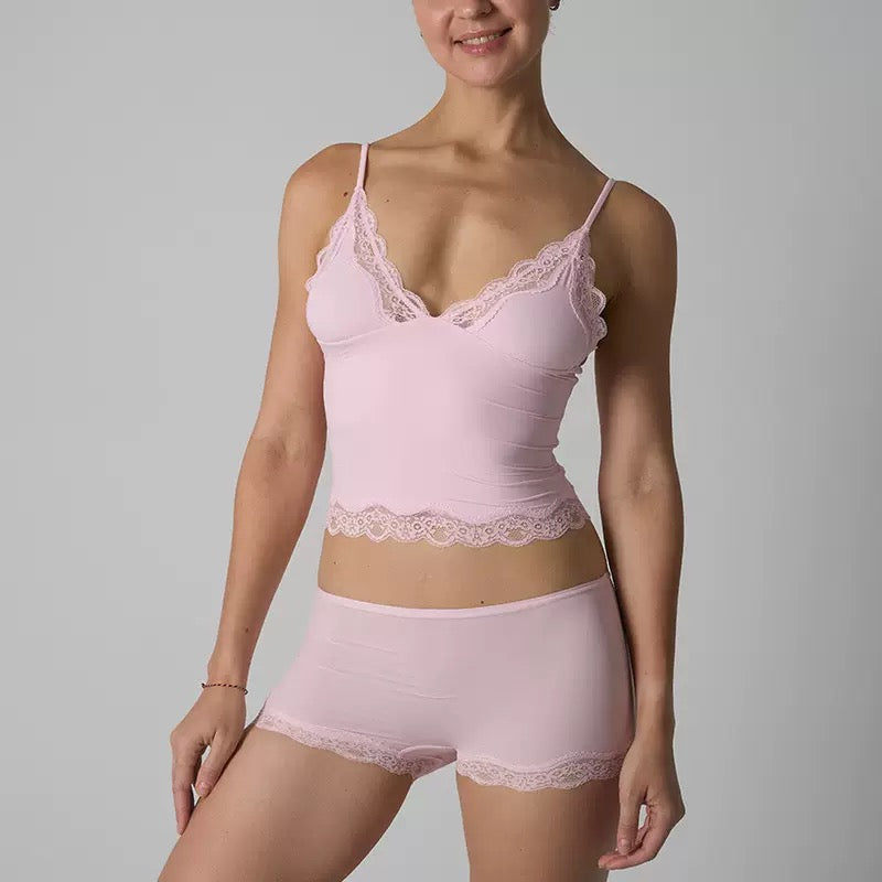 Lounge Women's Minimalist Lace Series Spaghetti Strap Lace Trim Wirefree Breathable V-Neck Camisole & Panties Set, Basic Underwear Set