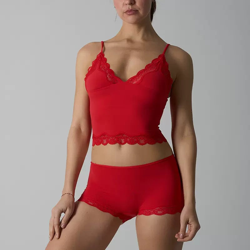 Lounge Women's Minimalist Lace Series Spaghetti Strap Lace Trim Wirefree Breathable V-Neck Camisole & Panties Set, Basic Underwear Set