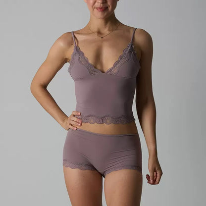 Lounge Women's Minimalist Lace Series Spaghetti Strap Lace Trim Wirefree Breathable V-Neck Camisole & Panties Set, Basic Underwear Set