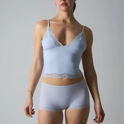 Lounge Women's Minimalist Lace Series Spaghetti Strap Lace Trim Wirefree Breathable V-Neck Camisole & Panties Set, Basic Underwear Set