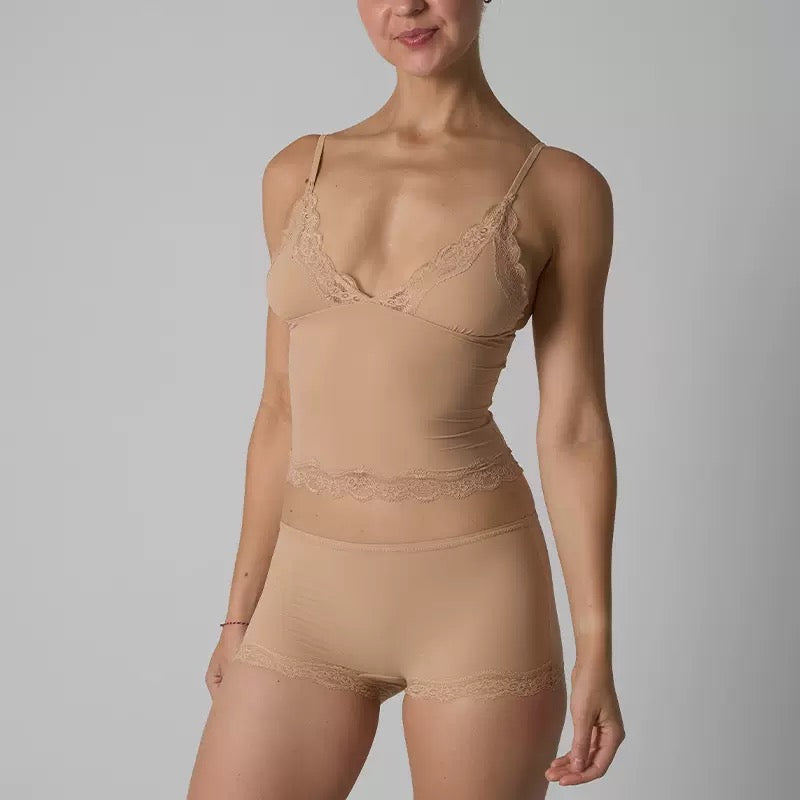 Lounge Women's Minimalist Lace Series Spaghetti Strap Lace Trim Wirefree Breathable V-Neck Camisole & Panties Set, Basic Underwear Set