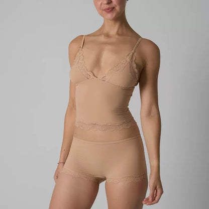 Lounge Women's Minimalist Lace Series Spaghetti Strap Lace Trim Wirefree Breathable V-Neck Camisole & Panties Set, Basic Underwear Set