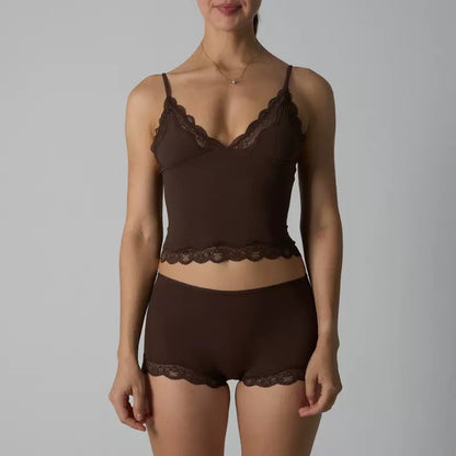 Lounge Women's Minimalist Lace Series Spaghetti Strap Lace Trim Wirefree Breathable V-Neck Camisole & Panties Set, Basic Underwear Set