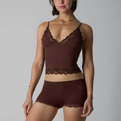 Lounge Women's Minimalist Lace Series Spaghetti Strap Lace Trim Wirefree Breathable V-Neck Camisole & Panties Set, Basic Underwear Set