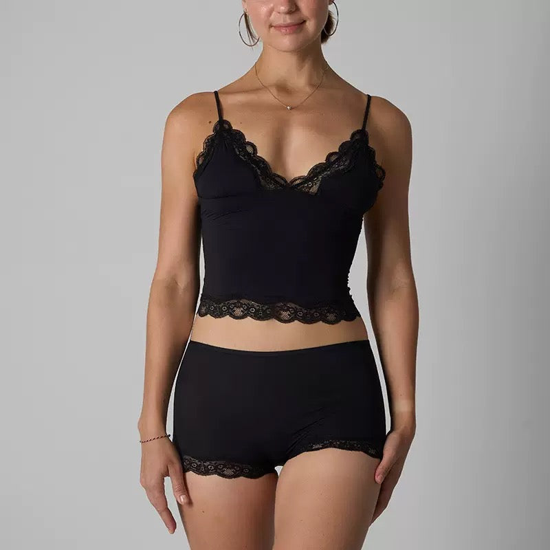 Lounge Women's Minimalist Lace Series Spaghetti Strap Lace Trim Wirefree Breathable V-Neck Camisole & Panties Set, Basic Underwear Set
