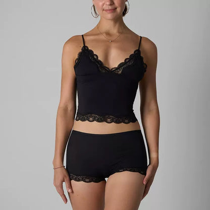 Lounge Women's Minimalist Lace Series Spaghetti Strap Lace Trim Wirefree Breathable V-Neck Camisole & Panties Set, Basic Underwear Set