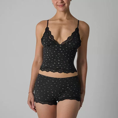 Lounge Women's Minimalist Lace Series Spaghetti Strap Lace Trim Wirefree Breathable V-Neck Camisole & Panties Set, Basic Underwear Set