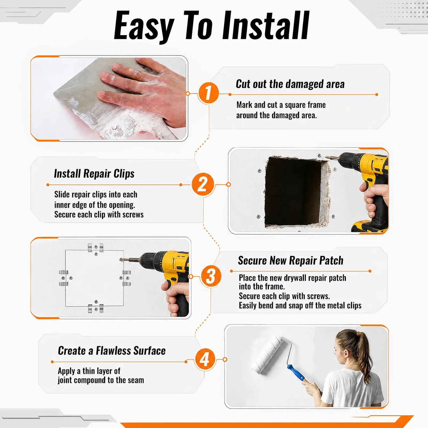 Easy-to-Install 1/2-Inch Drywall Clips,Drywall Repair Tools, Professional Wall Hole Repair Kit and Drywall, Sturdy Metal-Backed Clips with Screws for Home