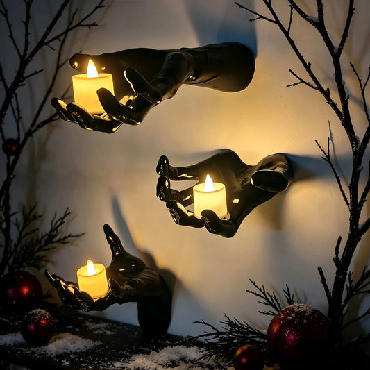Halloween Decorations, Pack of 3 Wall Mounted Creepy Reaching Hands with Lighted Candles, Life-Sized Horror Hands for Gothic Wall Decorations, Scary Halloween Decorations IndoorEaster