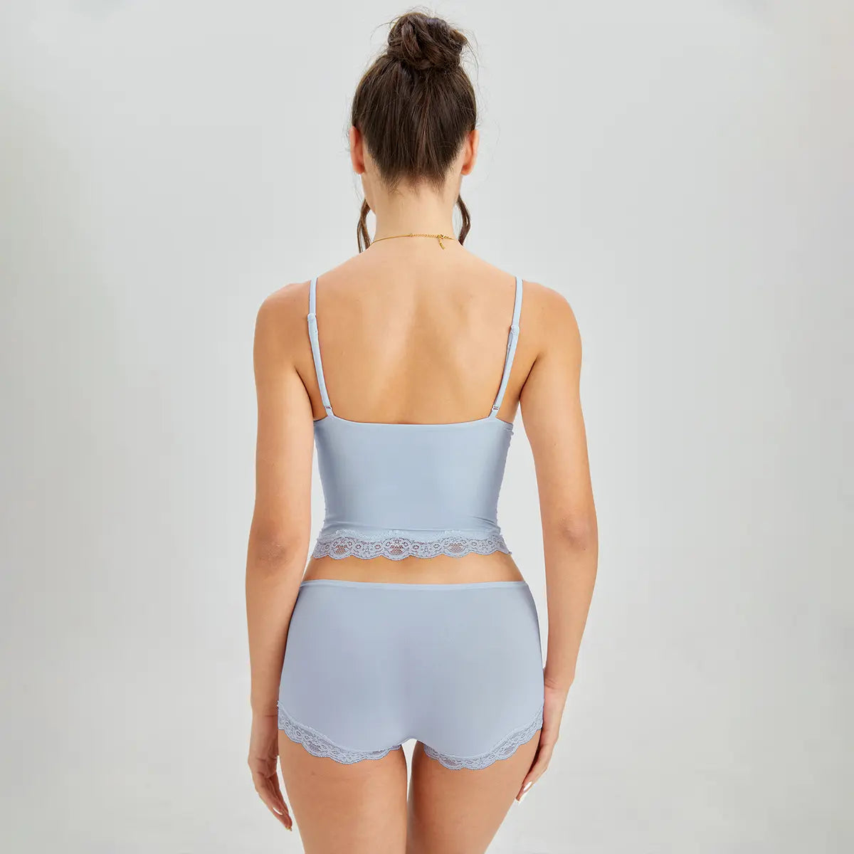 Lounge Women's Minimalist Lace Series Spaghetti Strap Lace Trim Wirefree Breathable V-Neck Camisole & Panties Set, Basic Underwear Set