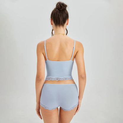 Lounge Women's Minimalist Lace Series Spaghetti Strap Lace Trim Wirefree Breathable V-Neck Camisole & Panties Set, Basic Underwear Set