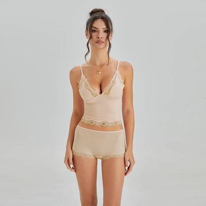 Lounge Women's Minimalist Lace Series Spaghetti Strap Lace Trim Wirefree Breathable V-Neck Camisole & Panties Set, Basic Underwear Set