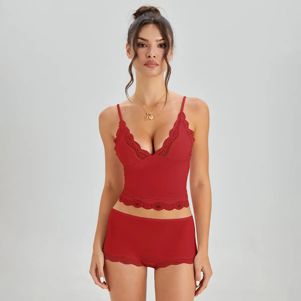 Lounge Women's Minimalist Lace Series Spaghetti Strap Lace Trim Wirefree Breathable V-Neck Camisole & Panties Set, Basic Underwear Set