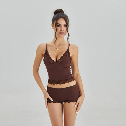 Lounge Women's Minimalist Lace Series Spaghetti Strap Lace Trim Wirefree Breathable V-Neck Camisole & Panties Set, Basic Underwear Set