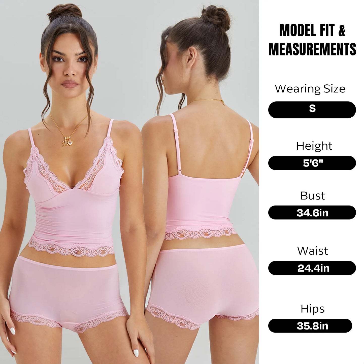 Lounge Women's Minimalist Lace Series Spaghetti Strap Lace Trim Wirefree Breathable V-Neck Camisole & Panties Set, Basic Underwear Set