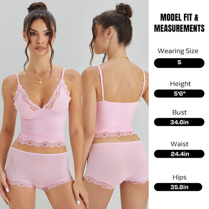Lounge Women's Minimalist Lace Series Spaghetti Strap Lace Trim Wirefree Breathable V-Neck Camisole & Panties Set, Basic Underwear Set