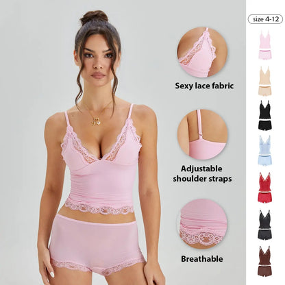 Lounge Women's Minimalist Lace Series Spaghetti Strap Lace Trim Wirefree Breathable V-Neck Camisole & Panties Set, Basic Underwear Set