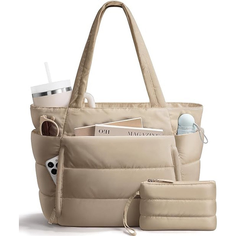 Bagstellar Cloud Puffer Tote Bag for Women, Lightweight Quilted Zipper Shoulder Handbag, Large Capacity Work Bag for Teacher Nurse School Gym Travel