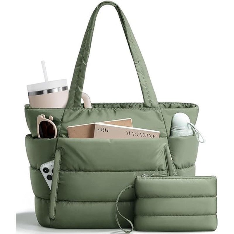 Bagstellar Cloud Puffer Tote Bag for Women, Lightweight Quilted Zipper Shoulder Handbag, Large Capacity Work Bag for Teacher Nurse School Gym Travel