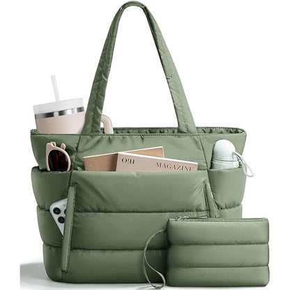 Bagstellar Cloud Puffer Tote Bag for Women, Lightweight Quilted Zipper Shoulder Handbag, Large Capacity Work Bag for Teacher Nurse School Gym Travel
