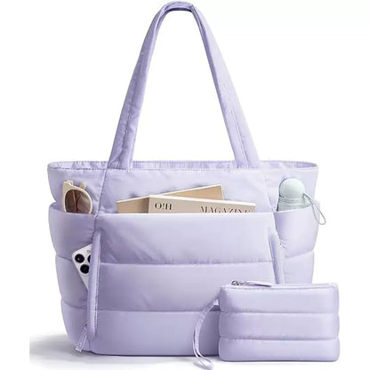 Bagstellar Cloud Puffer Tote Bag for Women, Lightweight Quilted Zipper Shoulder Handbag, Large Capacity Work Bag for Teacher Nurse School Gym Travel