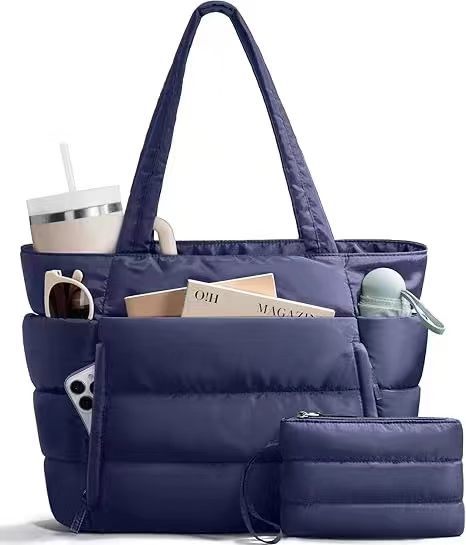 Bagstellar Cloud Puffer Tote Bag for Women, Lightweight Quilted Zipper Shoulder Handbag, Large Capacity Work Bag for Teacher Nurse School Gym Travel