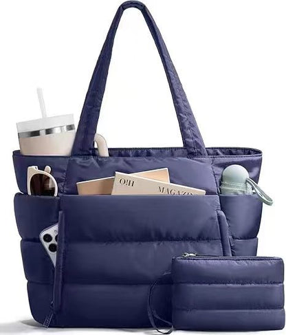 Bagstellar Cloud Puffer Tote Bag for Women, Lightweight Quilted Zipper Shoulder Handbag, Large Capacity Work Bag for Teacher Nurse School Gym Travel