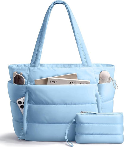 Bagstellar Cloud Puffer Tote Bag for Women, Lightweight Quilted Zipper Shoulder Handbag, Large Capacity Work Bag for Teacher Nurse School Gym Travel